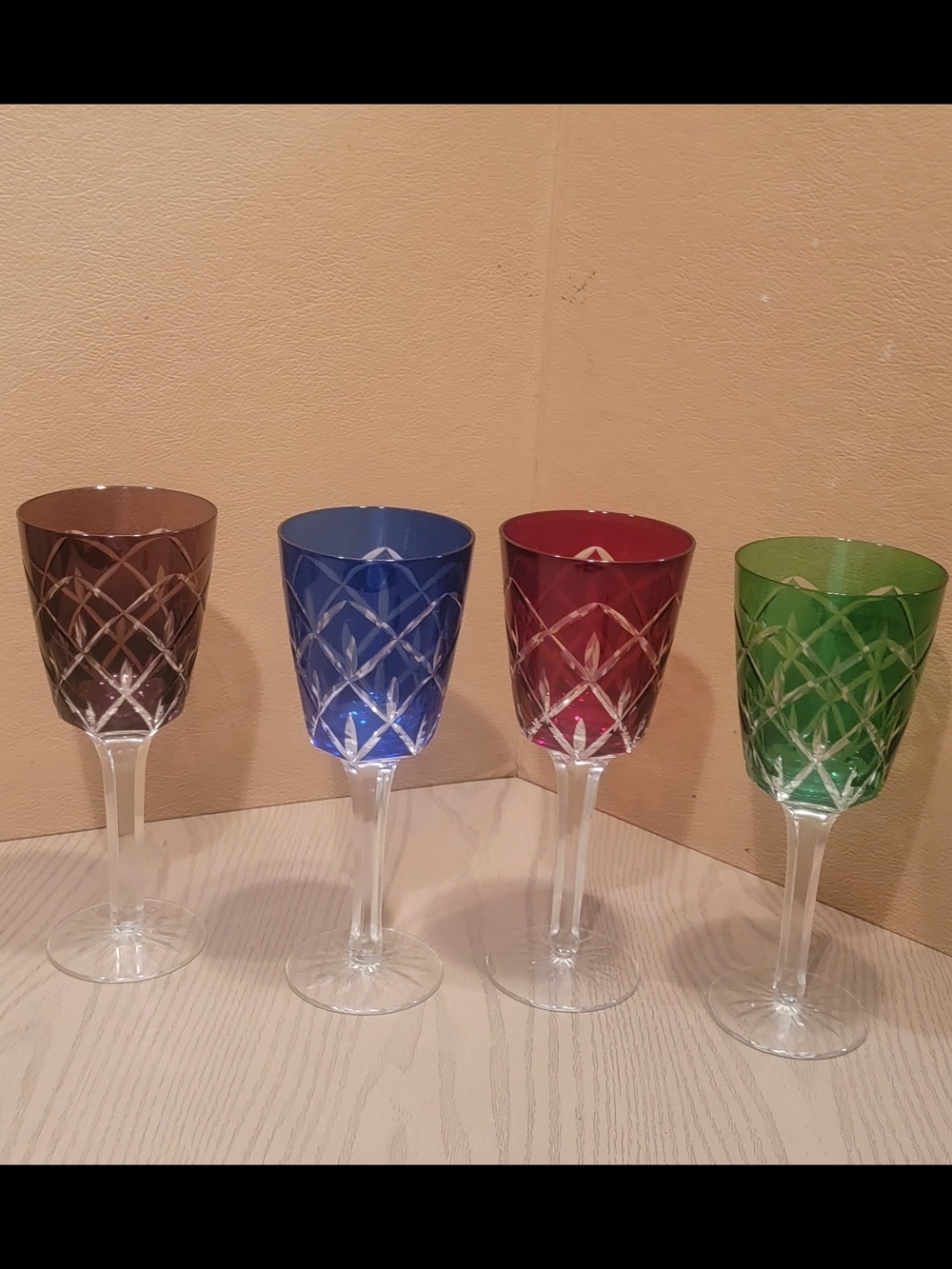 Set of 4  Bohemian Crystal-Cut 9 "Colored Wine Glasses - Brown, Blue, Red, Green